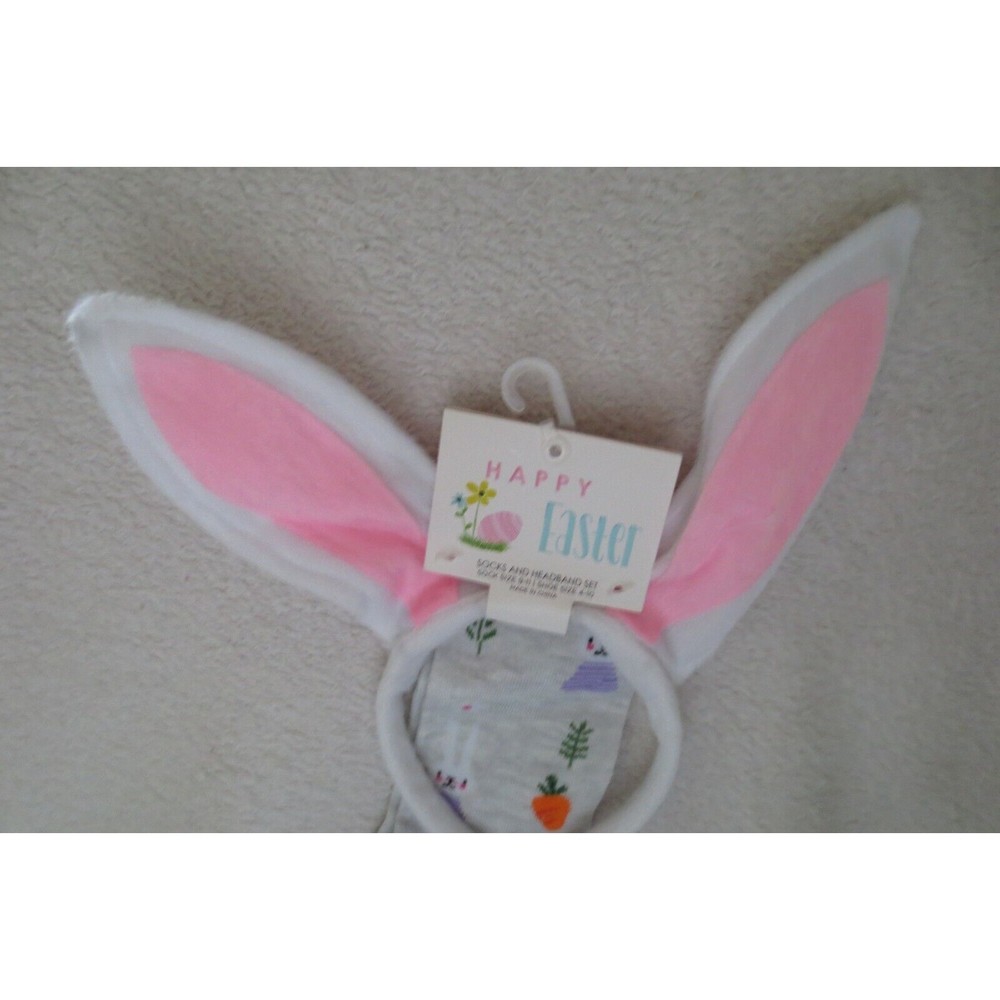 Women Youth Kids Girl  Easter Socks With Bunny Headband Set Size 9-11 New